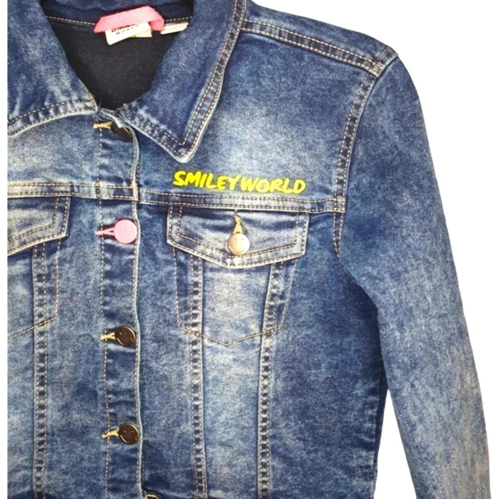 SMILEY WORLD Kids Cropped Punk Jean Trucker Jacket Yellow Smiley Face Girl Sz 12